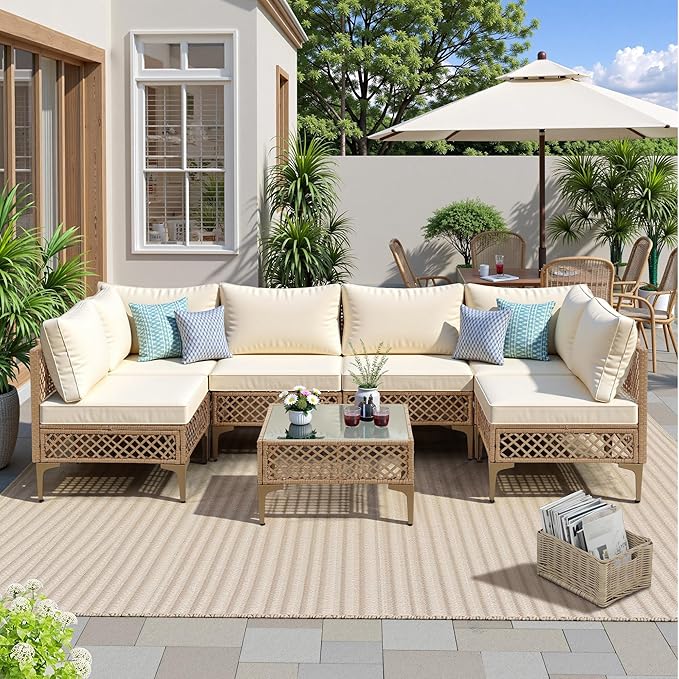 FHFO 7 Piece Outdoor Wicker Patio Furniture Set, Rattan Sectional Sofa Couch, Patio Conversation Set with Cushion & Coffee Table, for Backyard Poolside Porch Garden, Yellow/Beige