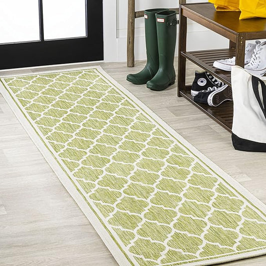 JONATHAN Y Moroccan Trellis Indoor Outdoor Runner Rug 2X10 Green/Cream, Trebol Textured Weave for Backyard, Patio, Porch, Easy-Cleaning, High Traffic, Pet-Friendly, Non-Shedding (SMB109G-210)