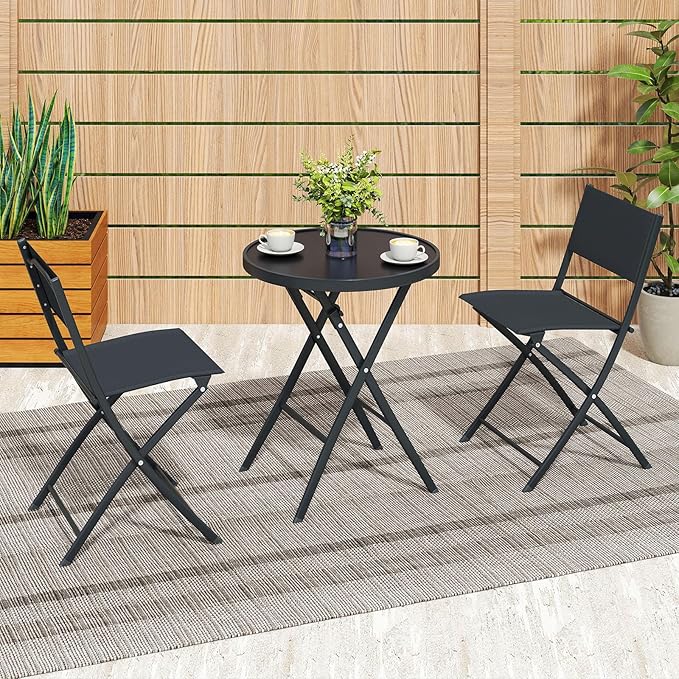 Tangkula 3 Piece Folding Bistro Set, Patio Dining Furniture with Breathable Fabric Seat & Tempered Glass Tabletop, Outdoor Metal Frame Table & Chairs Set for Backyard, Garden, Balcony