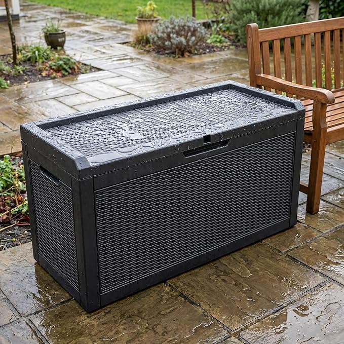 60 Gallon Deck Box, Waterproof Resin Outdoor Storage Box Lockable for Patio Furniture, Fade Resistant Patio Side Table & Organizer for Garden Tools, Pool Floats, Outdoor Cushions, Black
