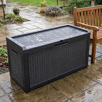 60 Gallon Deck Box, Waterproof Resin Outdoor Storage Box Lockable for Patio Furniture, Fade Resistant Patio Side Table & Organizer for Garden Tools, Pool Floats, Outdoor Cushions, Black