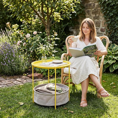 VECELO Round Side/End Table with Fabric Storage Basket，Metal Anti-Rust and Waterproof Small Bedside Nightstand with Removable Tray Top for Living Room，Balcony & Laundry，Yellow /2pcs with Basket