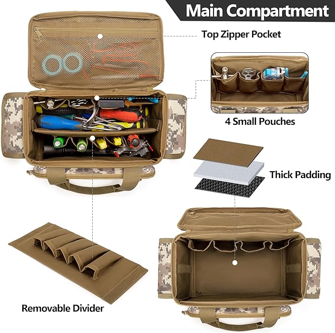 Rexmica Small Tool Bag with Anti-friction and Thick Padded Bottom, Tool Storage Organizer for Men, Tactical Range Bag, Multi-functional Work Bag for Repairman, Electrician, Carpenters (Camo)