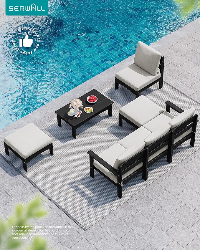 SERWALL HDPE Patio Furniture Set,7 Pieces Patio Conversation Set, All-Weather Modular Patio Sofa Set with Removable Cushions and Coffee Table for Deck, Garden, Porch, Black Frame with Khaki Cushion