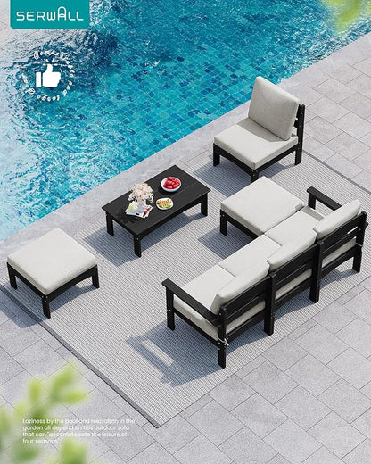 SERWALL 3 Pieces Patio Conversation Set, All-Weather HDPE Outdoor Sofas with Cushions and Coffee Table, Modular Sectional Furniture for Deck, Garden, Backyard, Black Frame with Khaki Cushion