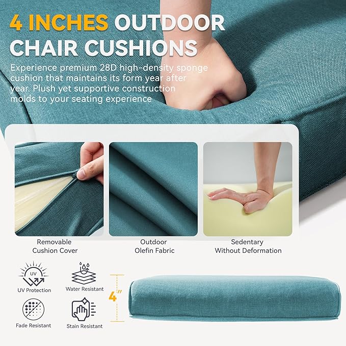 Patio Cushions for Outdoor Furniture - 22" x 25" x 4" UV Resistant Thick Foam Cushions Water Resistant Replacement Cushion for Outdoor Patio Furniture Chair/Sofa/Couch | Peacock Green | 6-Pack |