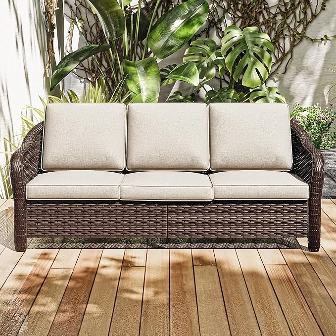 78" Wicker 3-seat Sofa, Outdoor Conversation Furniture, All-Weather Rattan Couch, Steel Frame Couch with Cushions for Garden, Poolside, Porch (Beige)