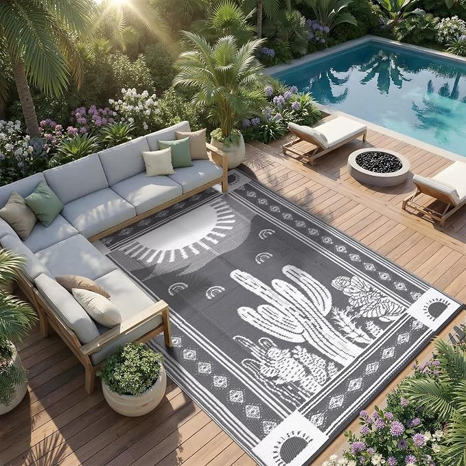Garvee Waterproof Outdoor Rug 5x8, Cactus Botanical Outdoor Plastic Straw Rug for Camping, Reversible RV Mat Outside, Indoor Outdoor Carpet for Porch, Deck, Backyard, Balcony, Picnic, Grey