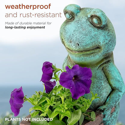 Alpine Corporation ZEN716 Outdoor Frog Pushing Wagon Planter, Garden Statue Decoration, 15" Tall, Green