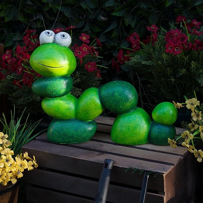 Alpine Corporation YEN608SLR 16" Tall Caterpillar with Light Up Eyes, Solar Powered LED Garden Statue, Green
