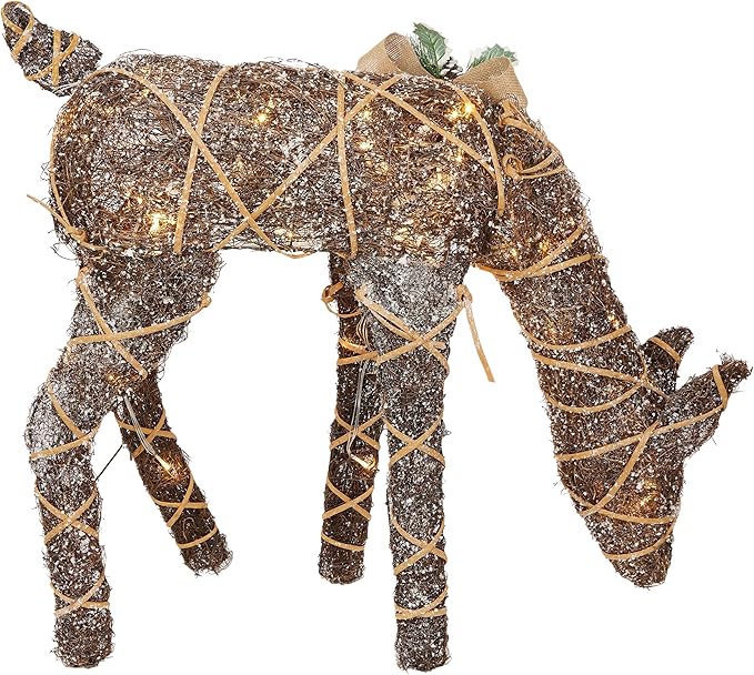 Alpine Corporation 29" Tall Natural Twig Wrapped Rattan Grazing Deer with Warm White LED Lights, Indoor/Outdoor Rustic Holiday Decoration, Brown