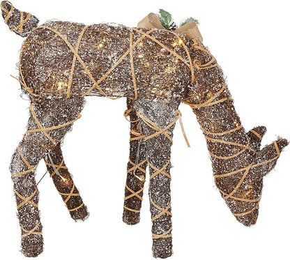 Alpine Corporation 29" Tall Natural Twig Wrapped Rattan Grazing Deer with Warm White LED Lights, Indoor/Outdoor Rustic Holiday Decoration, Brown