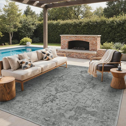 GENIMO Outdoor & Indoor Area Rug 8'x10', Waterproof, Non-Shedding, Easy Cleaning, Boho Mat for Patio, Living Room, Balcony, Dining Room, RV, Deck, Bedroom, Camping, Outside Carpet,Dark Grey