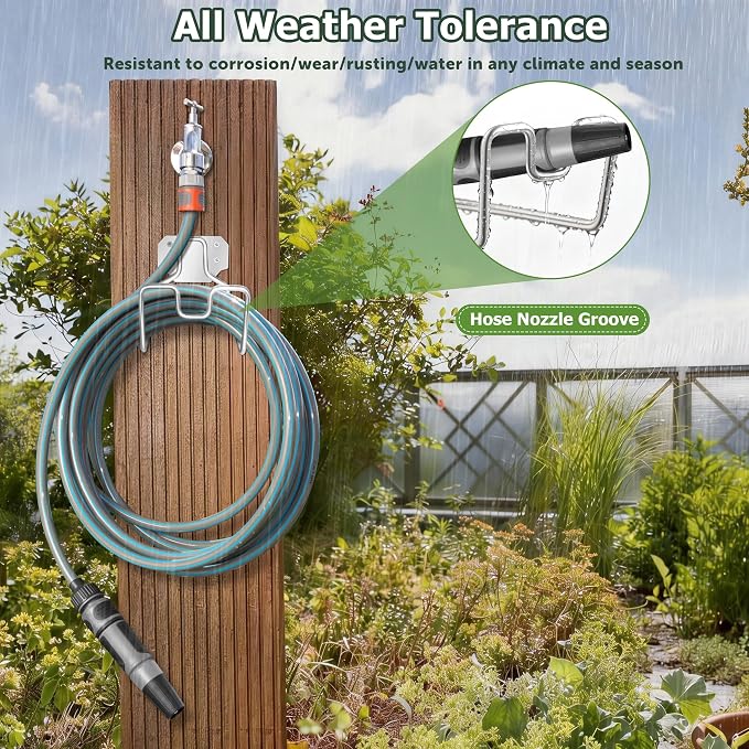 18/0 Stainless Steel Garden Hose Holder Hook, HaSteeL Metal Wall Mount Hanger For Outside Yard Water Vacuum Expandable Hose Extension Cords Storage, Rust Resistant, Hose Nozzle Groove (1 Pack)