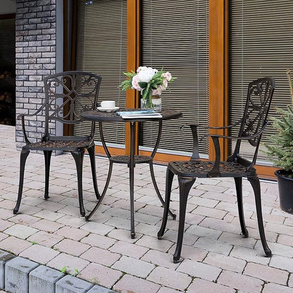 NUU GARDEN 3 Piece Outdoor Bistro Set Cast Aluminum Patio Set Bistro Table Set Rustproof Patio Table and Chairs with Umbrella Hole for Backyard, Balcony, Front Porch, Black