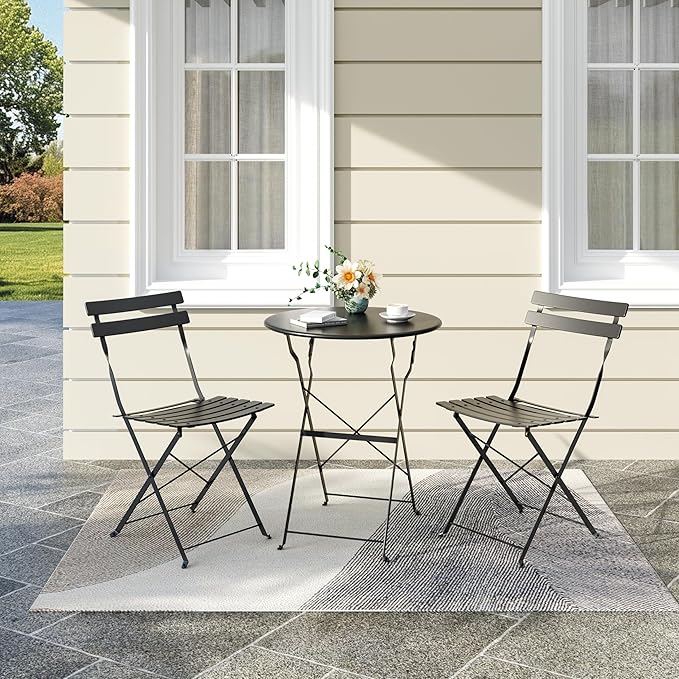 Premium Steel Frame Patio Bistro Set, 3-Piece Outdoor Folding Table and Chairs, Weather Resistant Conversation Sets of 2, Space Saving Patio Furniture for Backyard Balcony Porch Garden, Black