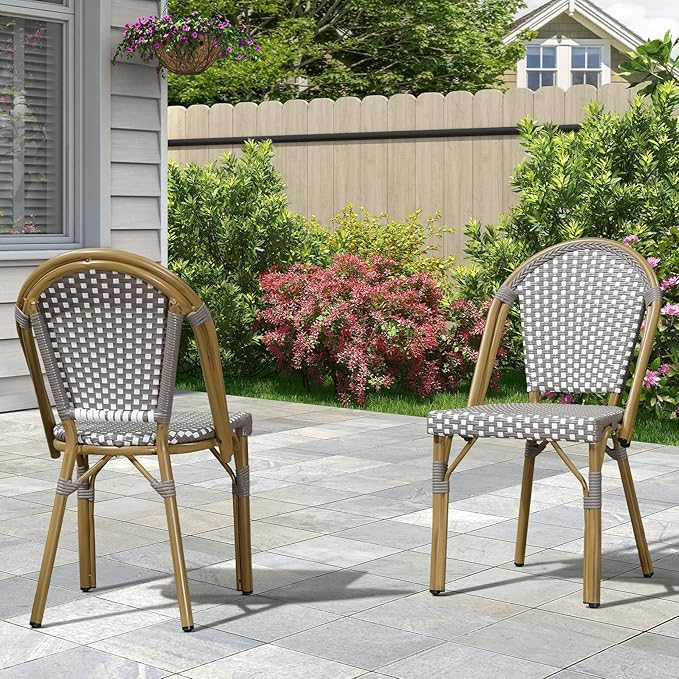 PURPLE LEAF Bistro Chair (Set of 2) French Hand-Woven Wicker Chairs for Outdoor Patio Porch Garden Indoor, Bamboo Print Finish, Grey, Dining Chairs