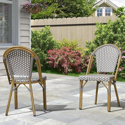 PURPLE LEAF Bistro Chair (Set of 2) French Hand-Woven Wicker Chairs for Outdoor Patio Porch Garden Indoor, Bamboo Print Finish, Grey, Dining Chairs