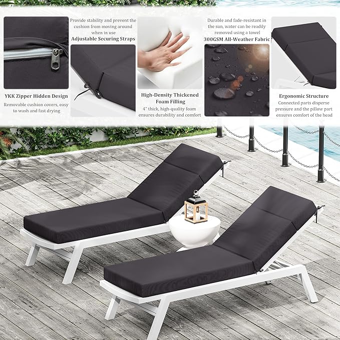 Chaise Lounge Cushion for Outdoor Furniture, Waterproof Fade and Tear Resistant Lounge Deck Chair Cushions for Patio Lawn Pool Resort Hotel