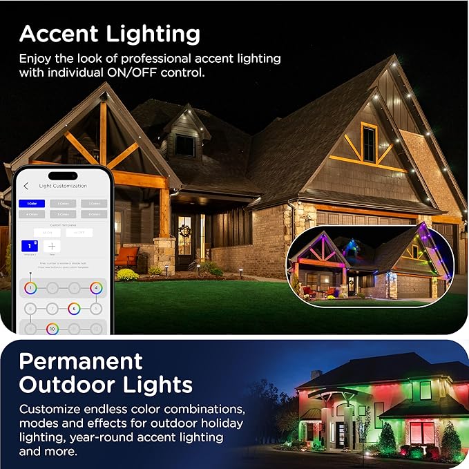 Enbrighten Vibe Eternity Permanent Outdoor Lights for House, 150ft, 108 RGBWIC LEDs, Close Spacing, 33lm, Color Changing, Christmas, Eave Lighting, Smart App, Works with Alexa, Google Home, 85102