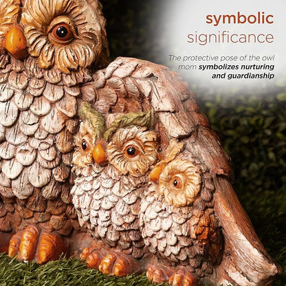 Alpine Corporation QFC366HH Indoor Outdoor Owl Mom Protecting Babies Garden Statue, Loving Owl Family Statue, 11" Tall, Brown
