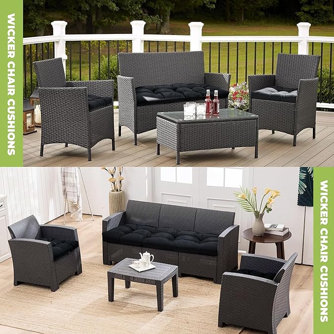 DANGHOOGY Wicker Chair Cushions, Waterproof Outdoor Loveseat Cushions for Patio Furniture, 3 Pieces Wicker Furniture Cushions, 1 Loveseat and 2 U-Shaped Cushions, Black