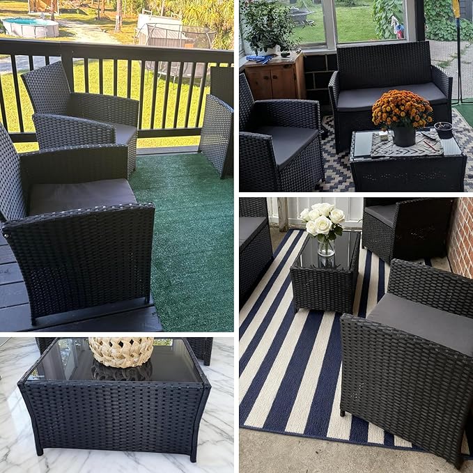 4 Piece Patio Furniture Set, Outdoor Wicker Conversation Set, Rattan Sectional Sofa Couch with Glass Coffee Table & Thick Cushion for Backyard, Porch, Garden, Poolside, Black/Grey