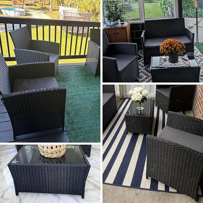 4 Piece Patio Furniture Set, Outdoor Wicker Conversation Set, Rattan Sectional Sofa Couch with Glass Coffee Table & Thick Cushion for Backyard, Porch, Garden, Poolside, Black/Grey
