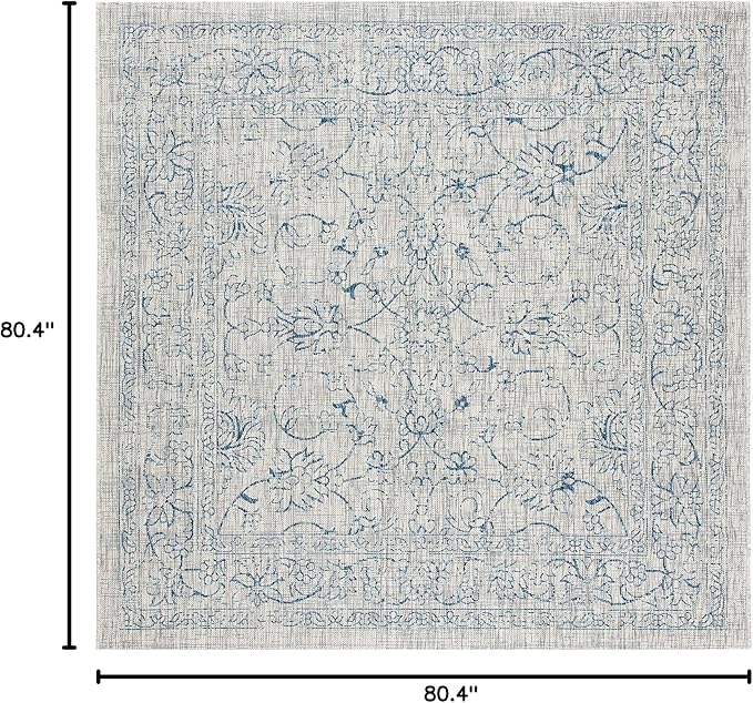 SAFAVIEH Washable Rug Outdoor Courtyard Collection - 6'7" Square, Grey & Navy, Non-Shedding & Easy Cleaning, Ideal for Patio, Backyard, Mudroom (CY8680-36812)