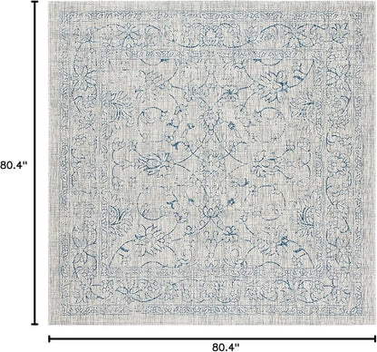 SAFAVIEH Washable Rug Outdoor Courtyard Collection - 6'7" Square, Grey & Navy, Non-Shedding & Easy Cleaning, Ideal for Patio, Backyard, Mudroom (CY8680-36812)