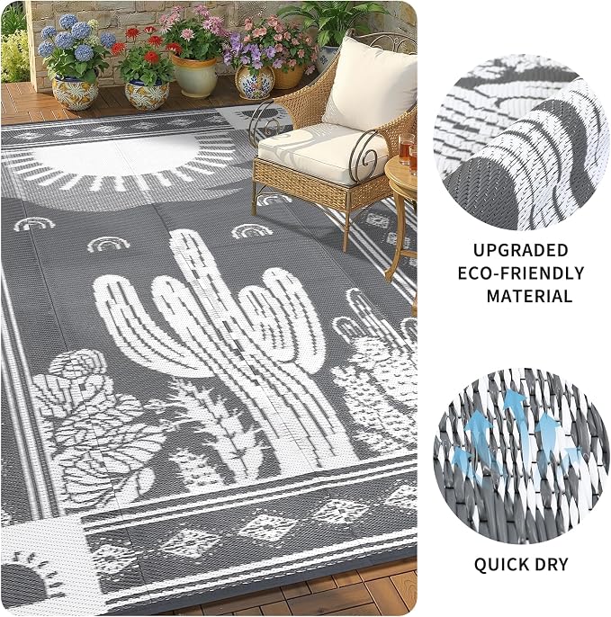 Garvee Reversible Cactus Outdoor Rug 8x10 for Patio, Waterproof Outdoor Area Rug, Modern Desert Botanical Indoor Outdoor Rugs, Plastic Straw Rug for RV, Camping, Deck, Grey