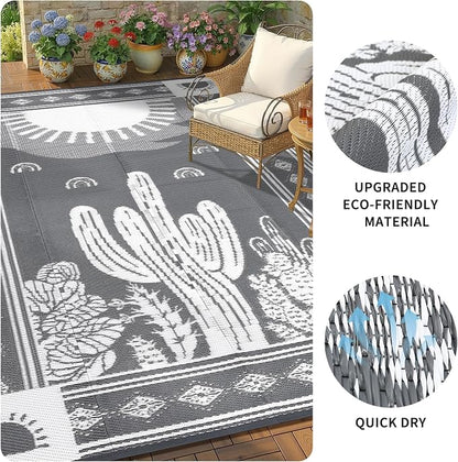 Garvee Reversible Cactus Outdoor Rug 8x10 for Patio, Waterproof Outdoor Area Rug, Modern Desert Botanical Indoor Outdoor Rugs, Plastic Straw Rug for RV, Camping, Deck, Grey