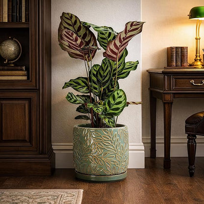 D'vine Dev 8 Inch Embossed Leaves Stoneware Planter Pot with Drainage Hole and Saucer, Olive, 27-A-Q-0