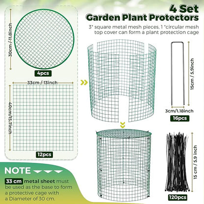 Hiboom 4 Pack Garden Plant Protectors from Animals with Stakes, Metal Mesh and Detachable Covers Wire Plant Cage for Keeping Bunny Animals Out, Chicken Wire Cover Garden Protect (16 * 13 in)