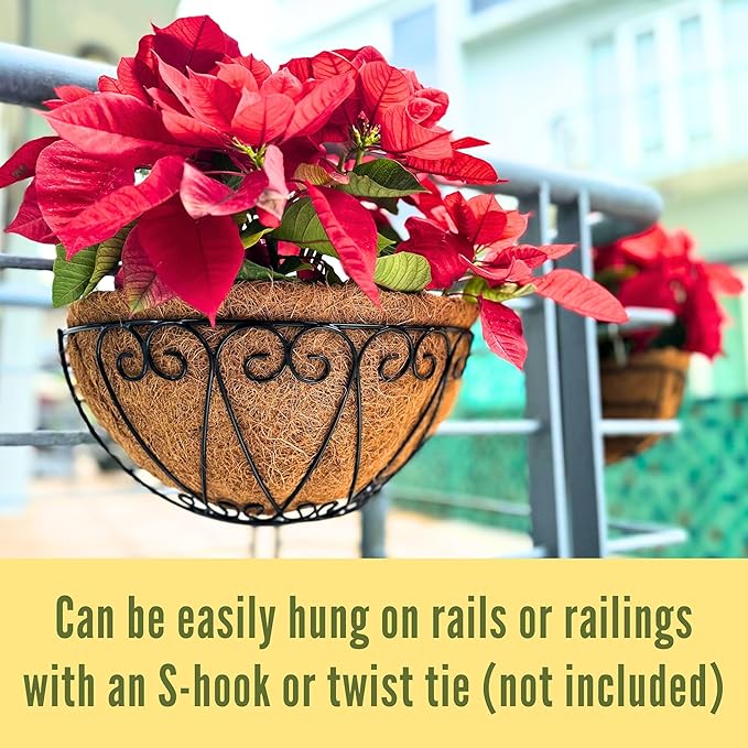 LaLaGreen Outdoor Wall Planters (2 Pack, 14 Inch) Black Metal Wall Mounted Hanging Basket with Coco Liner, Semi-Circle Flower Pot Plant Holder for Fence Railing Deck Porch Balcony French Garden Decor