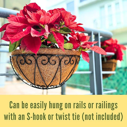 LaLaGreen Outdoor Wall Planters (2 Pack, 14 Inch) Black Metal Wall Mounted Hanging Basket with Coco Liner, Semi-Circle Flower Pot Plant Holder for Fence Railing Deck Porch Balcony French Garden Decor