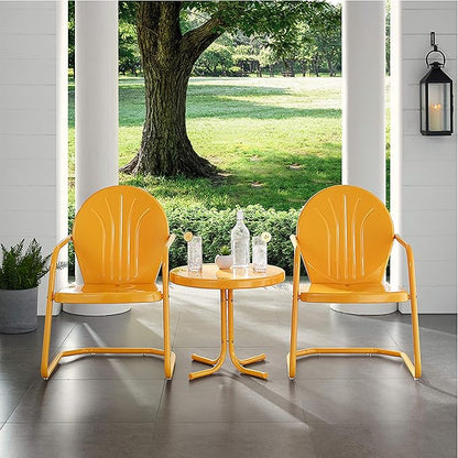 Crosley Furniture Griffith 3-Piece Outdoor Chair and Side Table Set, Retro Metal Bistro Patio Sets for Porch, Tangerine
