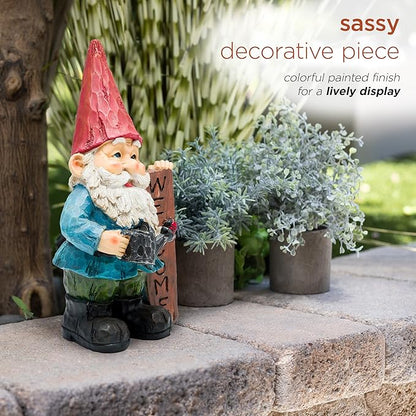 Alpine Corporation 12" Tall Welcome Outdoor Garden Gnome Yard Statue Decoration