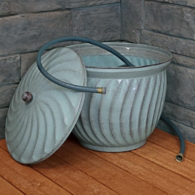 Sunnydaze Metal Garden Hose Holder Pot with Lid - UV-Resistant 145-Foot Garden Hose Pot for Outside - Sage Glaze Finish