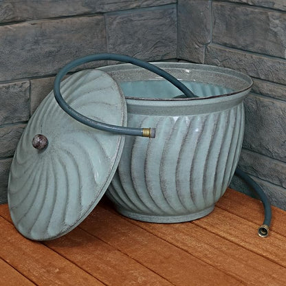 Sunnydaze Metal Garden Hose Holder Pot with Lid - UV-Resistant 145-Foot Garden Hose Pot for Outside - Sage Glaze Finish