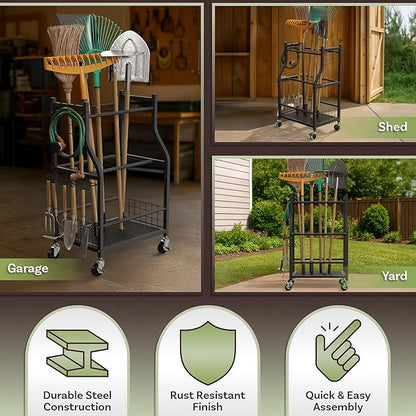 Garage Garden Tool Organizer with Wheels - Yard Tool Storage Rack with 28 Slots for Long Handles, 10 Hooks, 2 Cord Wrappers, and Locking Wheels - Shed or Garage Organization by Pure Garden