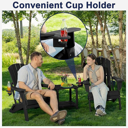 Plawdlik Folding Adirondack Chair, SGS Tested, Wooden Textured with Cup Holder, Heavy All-Weather HDPE Comfortable Set Poolside Backyard Lawn Black