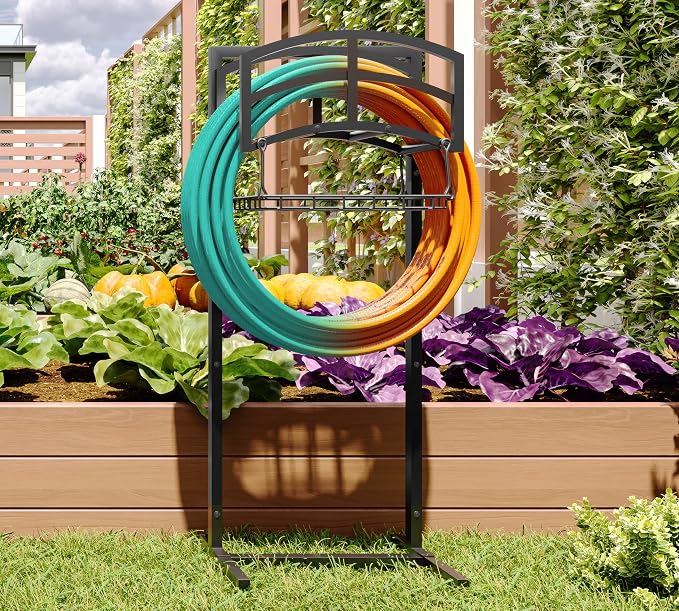 Fire Beauty Heavy-Duty Portable Garden Hose Holder with Storage Basket,120+ lbs Capacity, Holds 180ft 1/2" Hose,Dual Support Rods & Rustproof Screws,Modern Geometric Design
