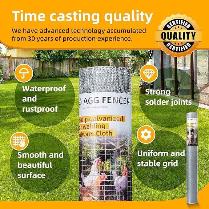 16in x 25ft Hardware Cloth 1/8 inch 27Ga Hot Dipped Galvanized After Welding, Chicken Coop Wire Fence, Welded Metal Fencing Roll Mesh for Bee Screen Garden Plant Poultry Animal Netting Cage