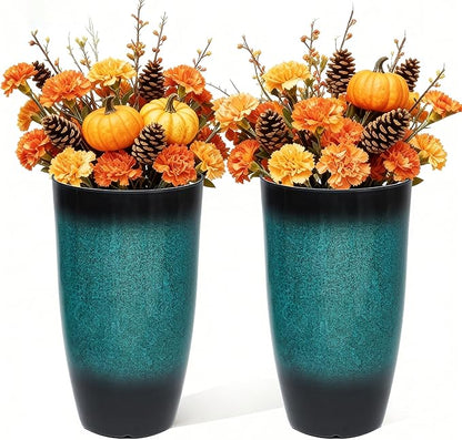 24" Tall Outdoor Planters Set of 2, Large Planters for Outdoor Plants, Art Faux Ceramic Plastic Flower Pots, Weather-Resistant for Porch, Garden, Patio or Indoor Decor, Ideal