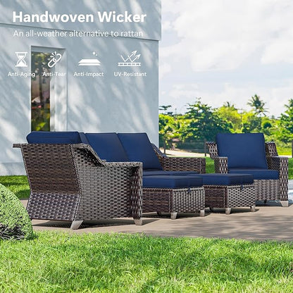 6 Pieces Wicker Patio Furniture, Luxury Outdoor Conversation Sets with 2 Patio Rattan Chair, 3-Seater Sofa, 2 Patio Ottoman and 1 Coffee Table, Wide Armrest, Thickened Cushions