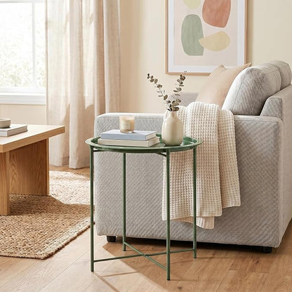 VECELO Side/End Table, Folding Round Metal Anti-Rust and Waterproof Outdoor or Indoor Tray for Living Room Bedroom Balcony and Office, 1 PCS, Dark Green