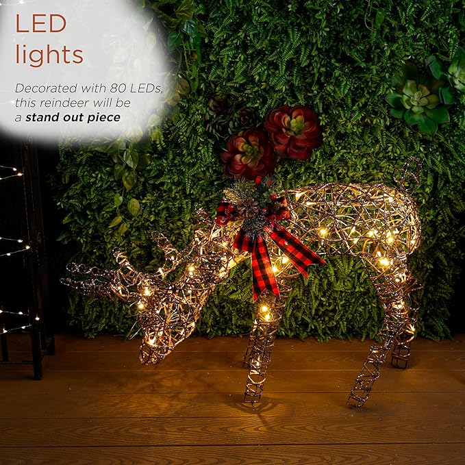 Alpine Corporation 27" Tall Rattan Grazing Reindeer with Bow and LED Lights, Indoor/Outdoor Christmas Lawn and Yard Decor, Festive Holiday Decoration