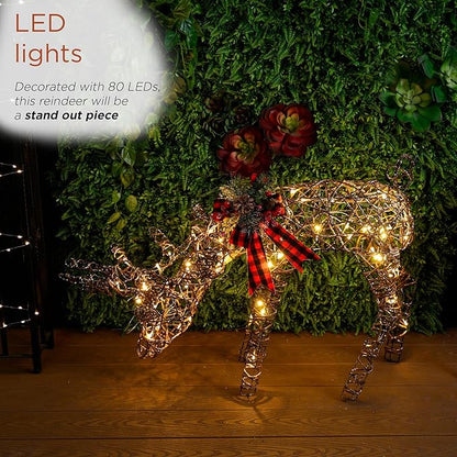 Alpine Corporation 27" Tall Rattan Grazing Reindeer with Bow and LED Lights, Indoor/Outdoor Christmas Lawn and Yard Decor, Festive Holiday Decoration