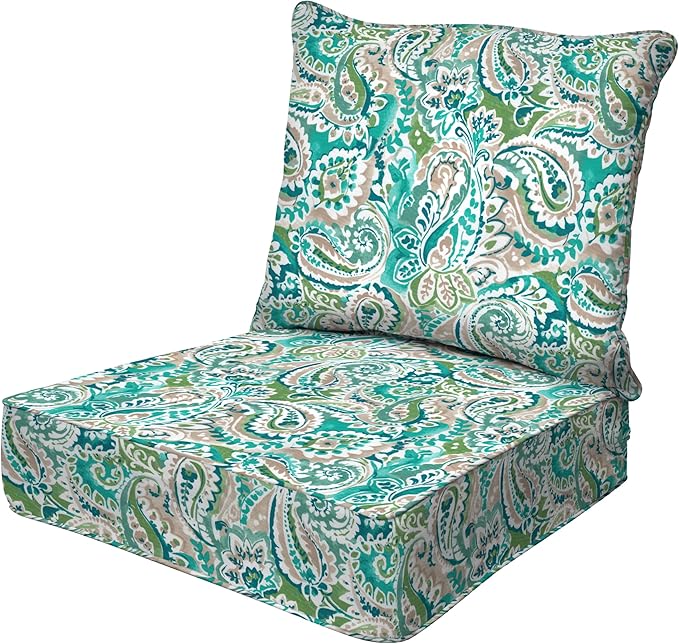 Honeycomb Outdoor Essentials Deep Seat, 24 x 24, Geneva Paisley Turquoise Chair Cushion for Patio Furniture